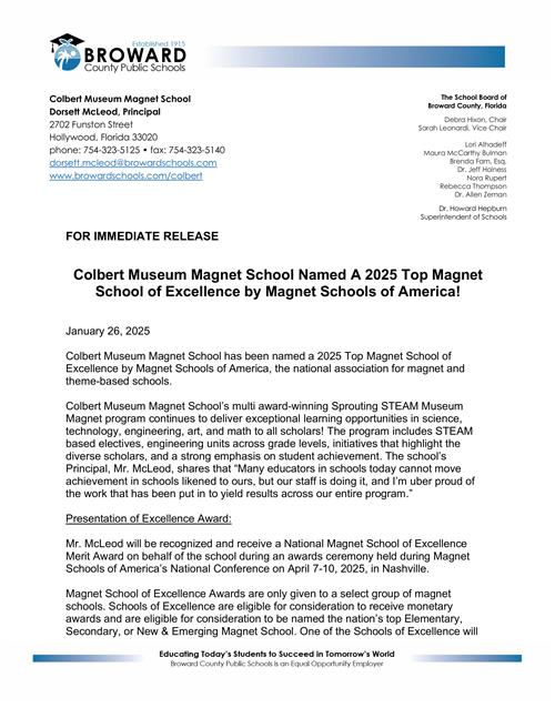 Colbert Museum Magnet School has been recognized as a 2025 Top Magnet School of Excellence by Magnet Schools of America